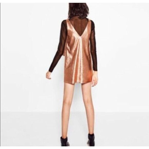 Zara Rose Gold Metallic Ruffle Mini Dress Size Medium - Picture 4 of 16